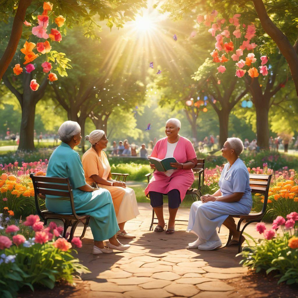 A serene and uplifting scene depicting a diverse group of cancer survivors sharing stories in a sunlit park, with vibrant flowers and greenery around them. Include visual symbols of hope, such as butterflies and lanterns, alongside supportive healthcare professionals offering guidance. The atmosphere should radiate positivity and resilience, showcasing unity and empowerment among individuals. super-realistic. vibrant colors. warm tones.