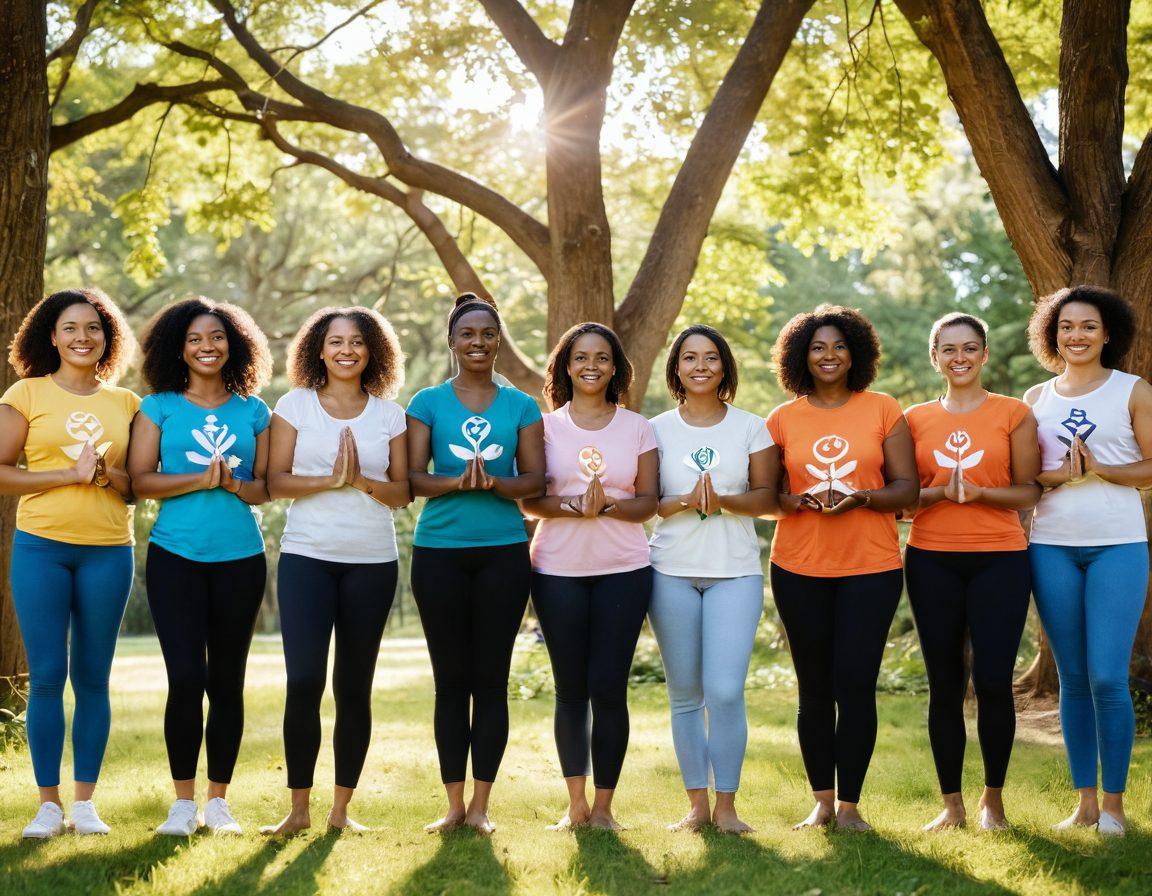 A diverse group of people standing together, smiling and holding hands, surrounded by symbols of wellness like plants, yoga mats, and books on empowerment. Bright sunlight filters through trees in the background, creating an uplifting atmosphere. Incorporate elements of awareness such as awareness ribbons subtly integrated in the design. Emphasize warmth, connection, and support among community members. vibrant colors. 3D. natural setting.